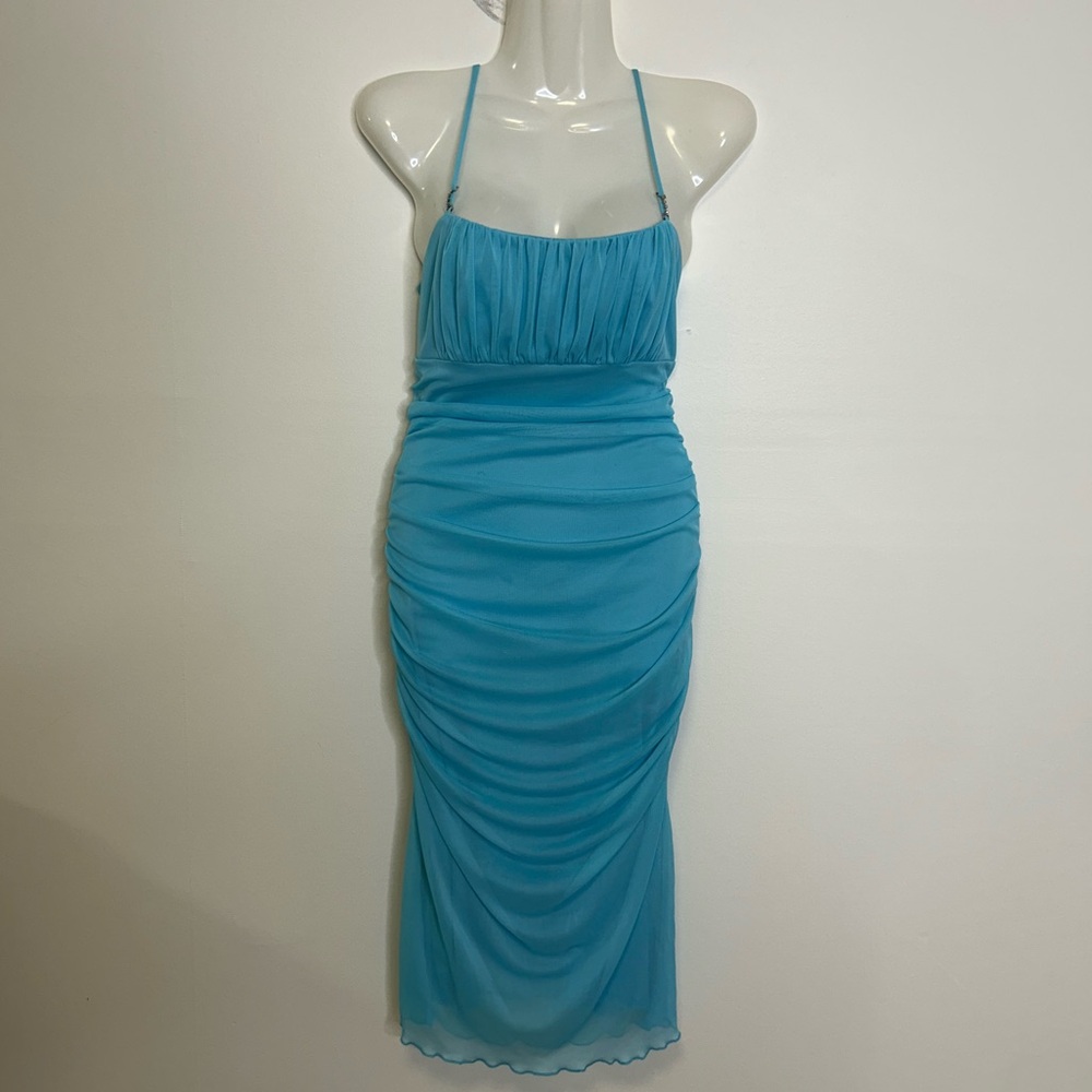 ◾️Vintage Scene Ruched Blue Dress